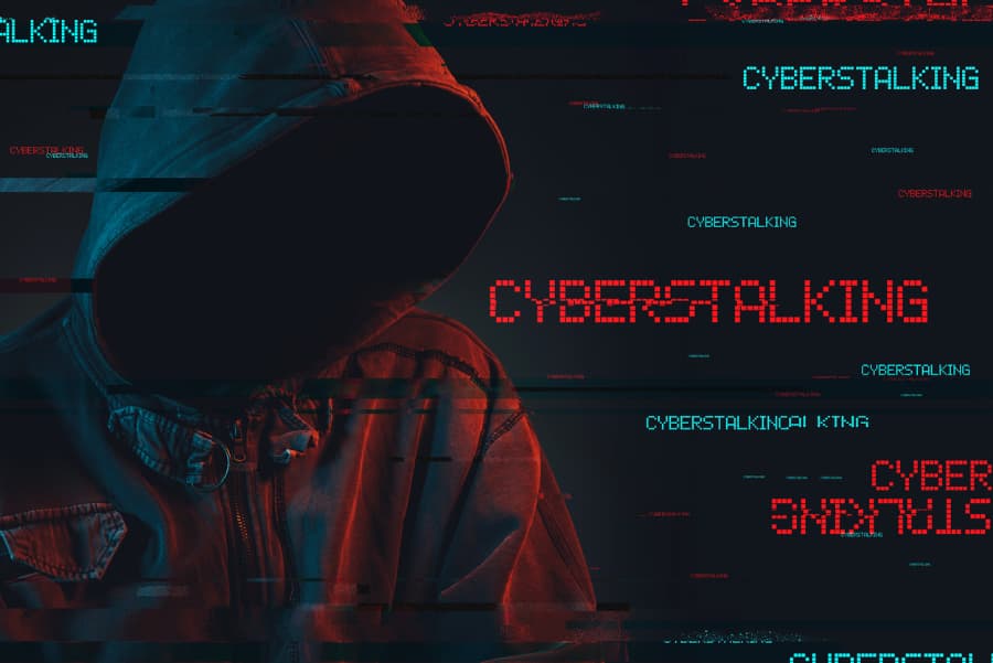 Cyberstalking theme with faceless man who's hooded with a digital glitch effect