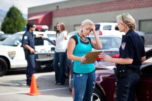 Police officers interviewing two women after a parking lot accident